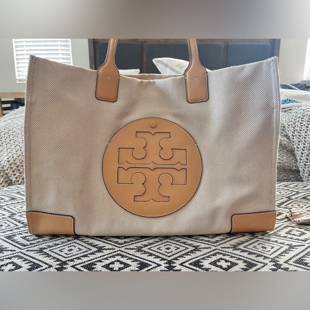 Tory Burch canvas tote leather handle and detail